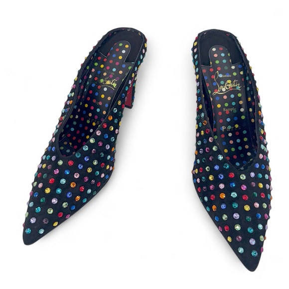 Rare CHRISTIAN LOUBOUTIN Veryvee Black Bedazzled Red Sole Mules Size 37 - Picture 6 of 17